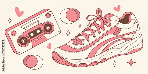 Retro pink and white sneaker and cassette tape with hearts and stars on cream background shoe audio cassette