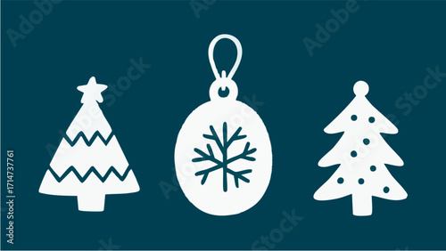 Illustrations depicting Scandinavian-style Christmas charms and accessories in a simple, minimalist style. Winter. December. New Year. Wreath. Charm. Ornament. Snowman. Present.
