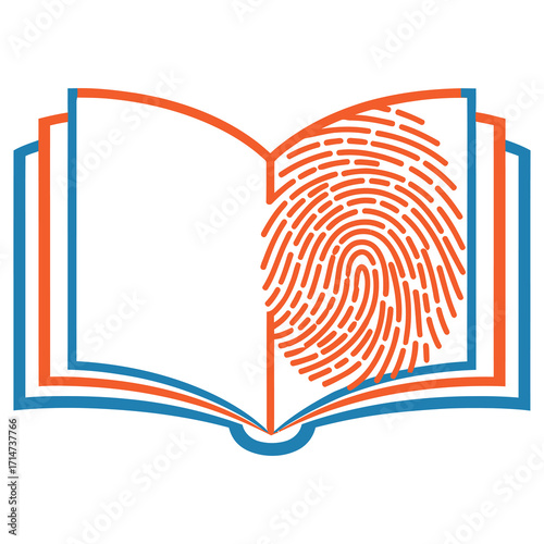 Open book with orange fingerprint graphic on white background thumbprint identity