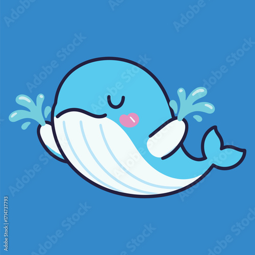 An adorable cartoon blue whale happily swimming and spraying water from its blowhole, isolated on a vibrant blue background, vector illustration in a cute and simple style