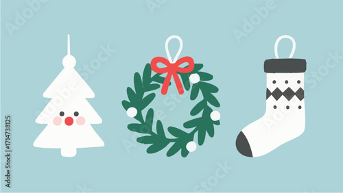 Illustrations depicting Scandinavian-style Christmas charms and accessories in a simple, minimalist style. Winter. December. New Year. Wreath. Charm. Ornament. Snowman. Present.

