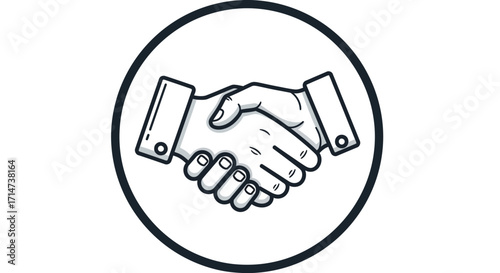 Illustration of two hands shaking in agreement, enclosed within a circle, depicted in black and white.