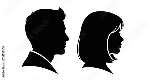 Silhouette portraits of a man and woman, facing opposite directions, on white background.
