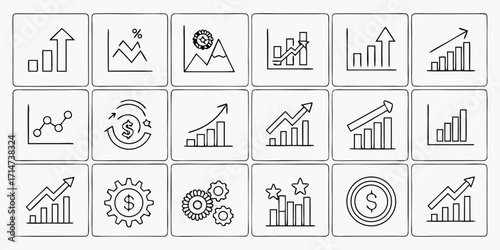 Hand Drawn Business Growth and Financial Icons Set Keywords: business, growth, finance, icon, chart, graph, bar chart, line graph, arrow, up, percentage, money, dollar, coin, gear, cogwheel, cycle
