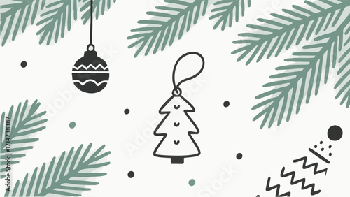 Illustrations depicting Scandinavian-style Christmas charms and accessories in a simple, minimalist style. Winter. December. New Year. Wreath. Charm. Ornament. Snowman. Present.
