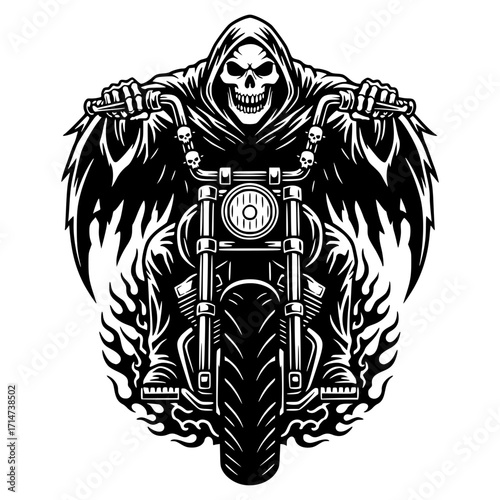 Grim Reaper riding a motorcycle with flames and wings, biker svg, grim reaper svg, motorcycle club svg, skull svg