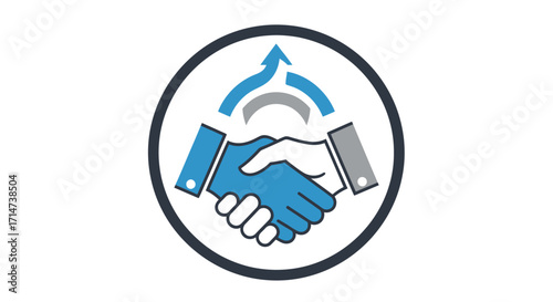 Graphic illustration of a handshake enclosed in a circle with arrows above, symbolizing agreement or partnership.