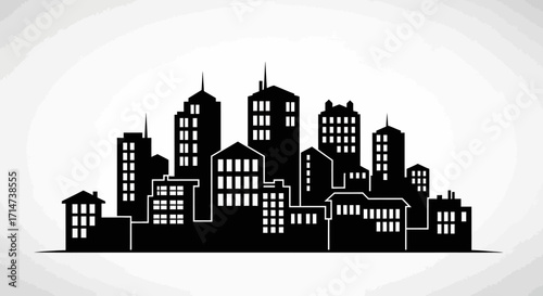 A stylized cityscape silhouette, showcasing a dense collection of buildings of varying heights against a light background.