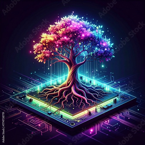 Abstract illustration combining nature and technology: a glowing tree growing from a computer microchip, neon roots spreading into the dark background.