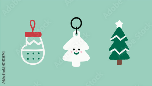 Illustrations depicting Scandinavian-style Christmas charms and accessories in a simple, minimalist style. Winter. December. New Year. Wreath. Charm. Ornament. Snowman. Present.
