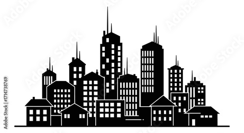 Silhouette of a city skyline with various buildings and structures.