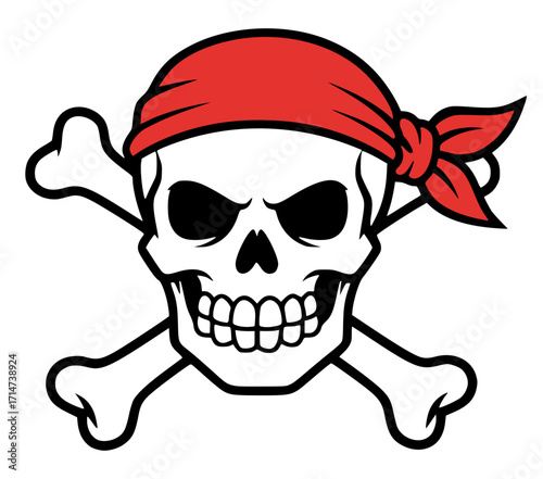 Pirate skull with a red bandana and crossed bones, pirate svg, skull svg, Halloween svg, danger svg