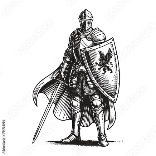 Medieval Knight with Sword and Shield Engraving Style Vector