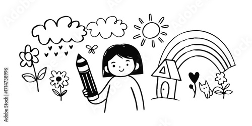 Child holding a large pencil surrounded by hand-drawn elements like a rainbow, sun, clouds, flowers, and a house