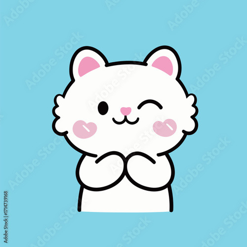 A cute and fluffy cartoon white kitten or cat winking playfully, with its paws together, isolated on a light blue background, a simple vector illustration in a sweet style