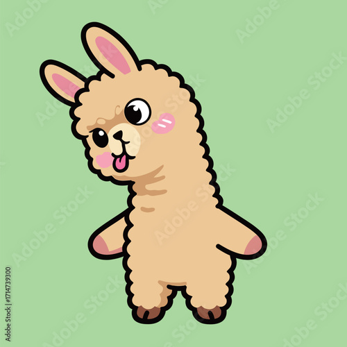 A funny cartoon beige llama with a fluffy coat and a mischievous expression, sticking out its tongue, isolated on a light green background, vector illustration