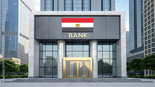 Modern bank building with egyptian flag symbolizing national banking system and finance