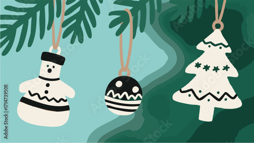 Illustrations depicting Scandinavian-style Christmas charms and accessories in a simple, minimalist style. Winter. December. New Year. Wreath. Charm. Ornament. Snowman. Present.
