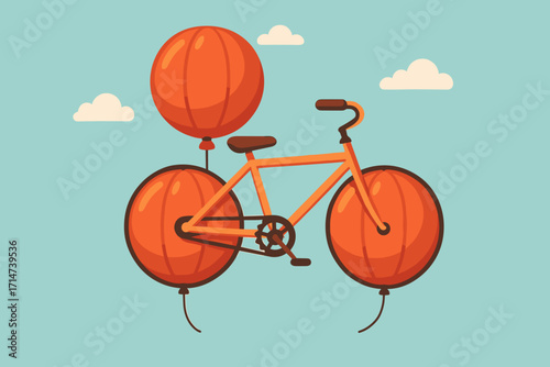 Playful illustration of a bicycle with balloon wheels soaring in a bright sky