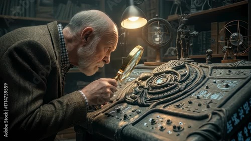 Man using a magnifying glass to examine ancient alien technology with mysterious symbols for archaeological discovery footage.