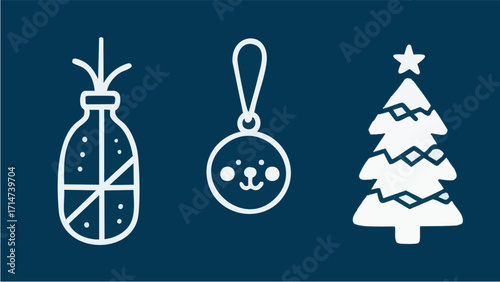 Illustrations depicting Scandinavian-style Christmas charms and accessories in a simple, minimalist style. Winter. December. New Year. Wreath. Charm. Ornament. Snowman. Present.
