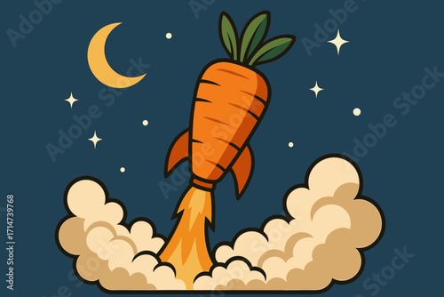 Whimsical carrot-shaped rocket launching into a starry night sky