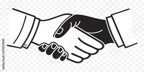 Black and white illustration of two hands shaking in a business context handshake agreement