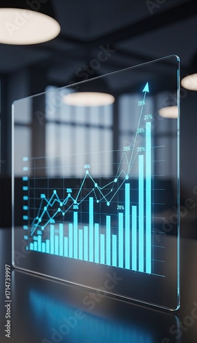 A transparent screen displays a glowing blue graph of an upward trend
