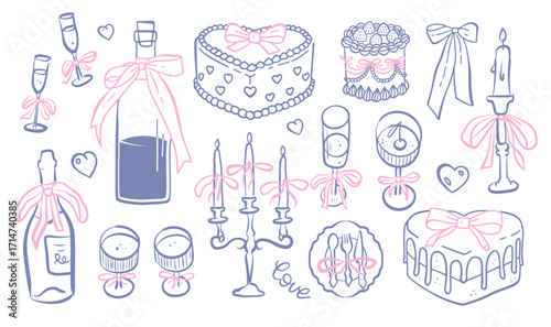 A set of dolche vita doodle illustrations. Hand drawn birthday, romantic dinner, lovely date elements - glasses, bottles, cakes, candles with coquette bows. Contour vector sketch illustration.