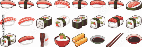 Vector icon sheet of sushi including nigiri, maki rolls, sashimi, tempura, and rice bowl