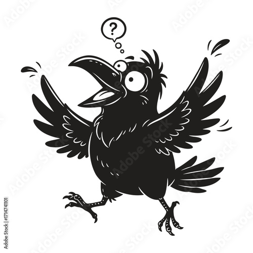 Puzzled Cartoon Raven Vector with Question Mark Thought Bubble