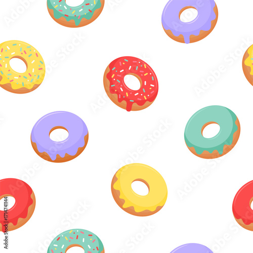 Set of six colorful glazed donuts with sprinkles on white background. Tasty dessert icons in cartoon style for bakery, food design, or sweet menu decoration.