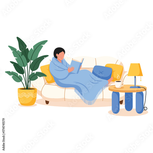 Woman wrapped in blue blanket reading book on cream sofa with yellow pillows and plant vector