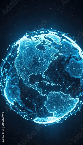 Blue digital Earth globe with glowing dots and connecting lines on a dark background