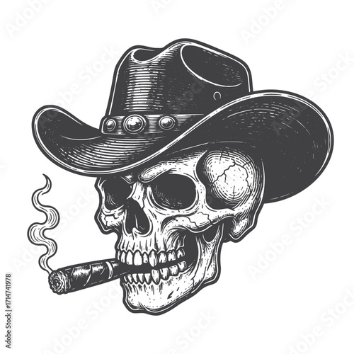Cowboy Skull Smoking Cigar Engraved Vector Art