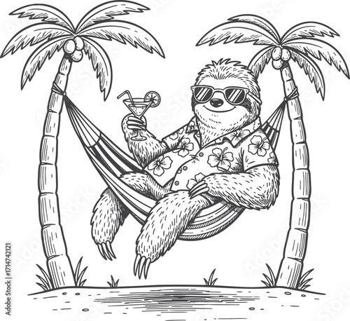 Chilling Sloth in Tropical Hammock with Cocktail Vector Art