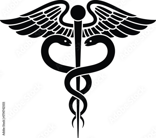 Caduceus Symbol with Winged Staff and Two Serpents Vector Isolated on White Background for Medical, Mythological, and Commercial Concepts
