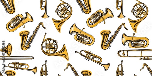 Photos seamless pattern Of trumpet gold saxophone Musical Instruments Wind Instruments