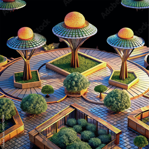Futuristic Garden: An imaginative urban garden in a sci-fi environment, featuring distinct tree-like structures with glowing orbs at their apex, surrounded by neatly manicured greenery and pathways.