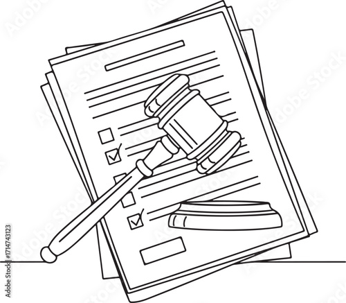 Vector art of a gavel rests on a stack of legal documents, symbolizing justice and legal proceedings