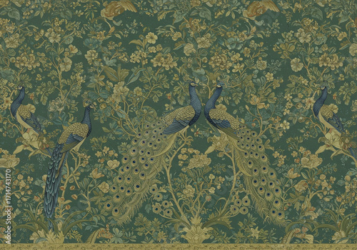 Elegant peacocks amidst lush floral patterns, a vintage wallpaper design evoking timeless sophistication
