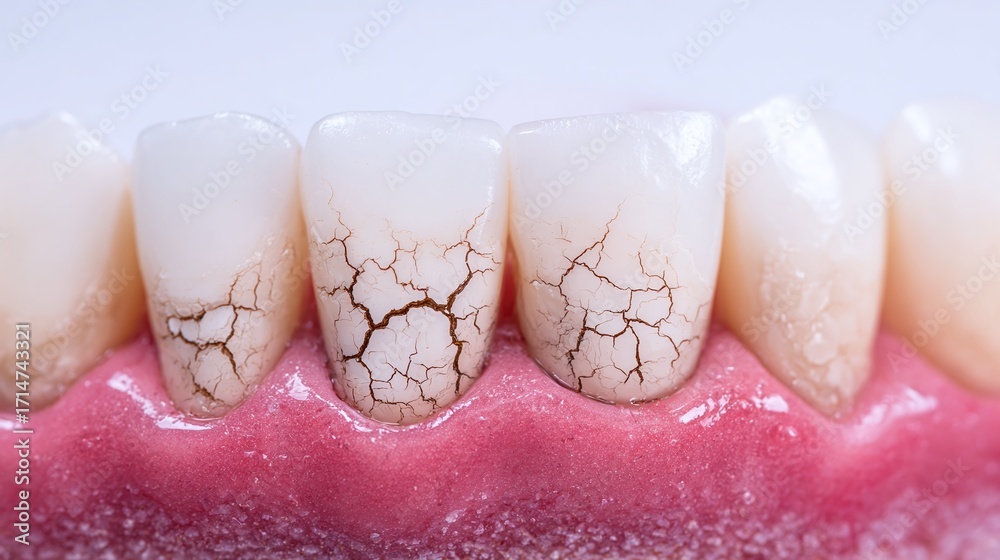 Fototapeta premium Cracked enamel: Close-up of dental issues revealing surface cracks on teeth. Visible gumline shows the proximity of the problem. Potential dental health concern.