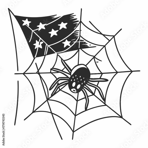 A spider spinning a web in the shape of the USA flag’s stars, accidentally tangled in its own thread with a confused expression.