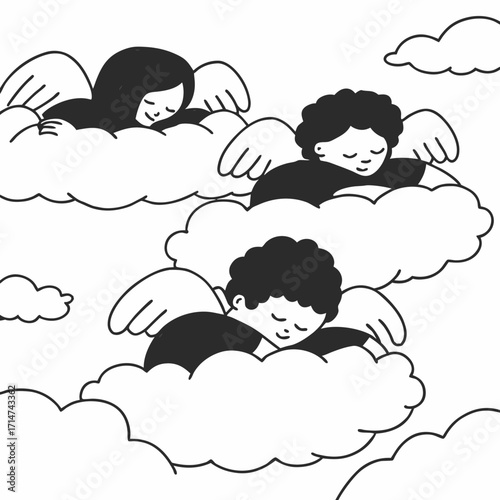 sleepy, snuggly angels at a cloud-based slumber party, adorability. angel cuddling a plush heart pillow under a cloud 