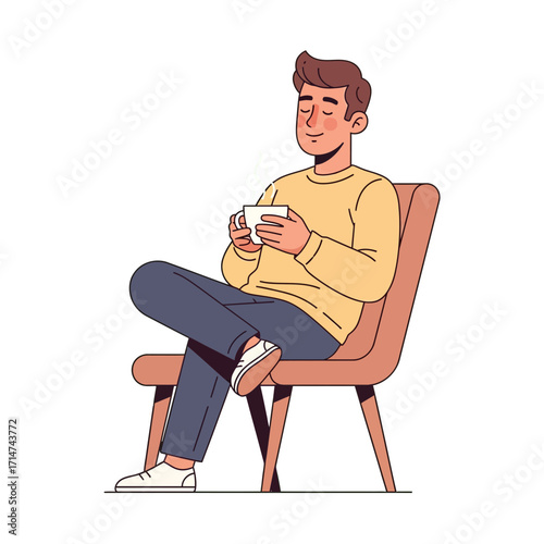 A tranquil young man enjoying a quiet moment, relaxing in a modern chair with a hot drink
