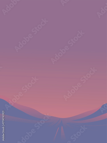 Calm abstract landscape with soft purple hills and a warm gradient sunset sky, creating a dreamy and peaceful background for modern designs and meditative themes.