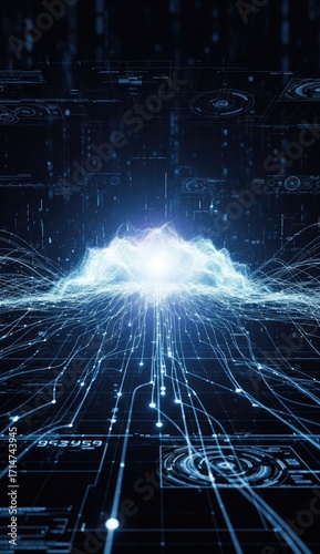 Digital landscape of blue lines data points  interfaces converging at a central bright cloud