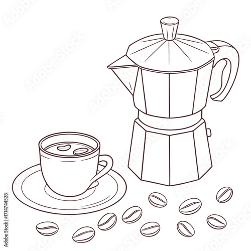 Simple line drawing of a moka pot coffee maker with a cup and coffee beans