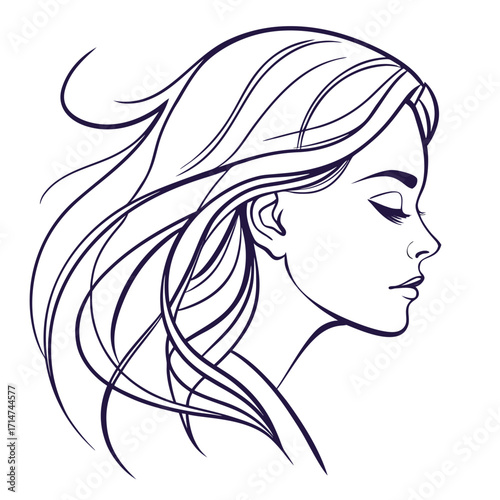 Elegant line art illustration of a woman s profile with flowing hair and closed eyes