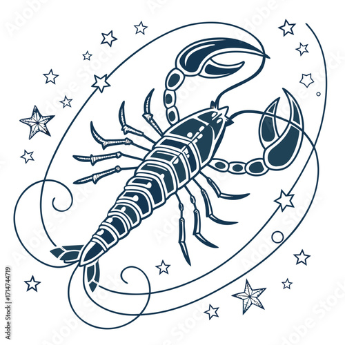 Scorpio zodiac sign illustration with stars and astrological symbols in dark blue outline
